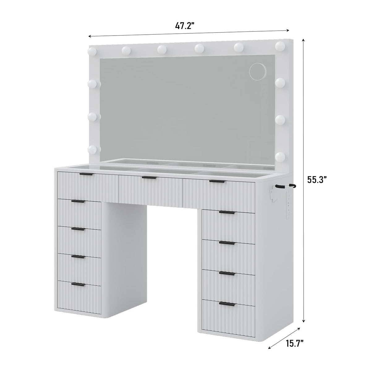47" White Vanity Desk with 3-Color LED Mirror & 11 Drawers W754