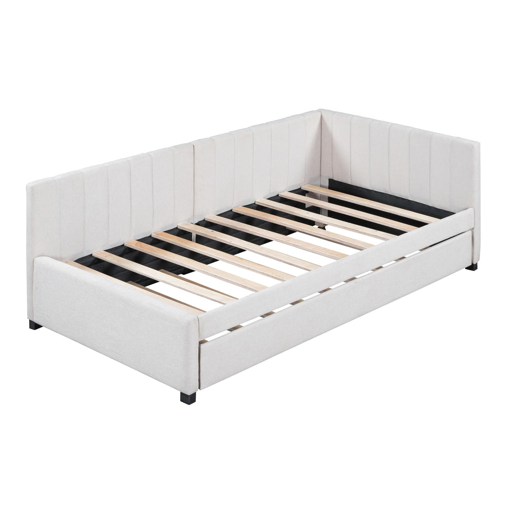 Twin Size Upholstered Daybed with Trundle Linen Fabric Wooden Sofa Bed Frame S81953