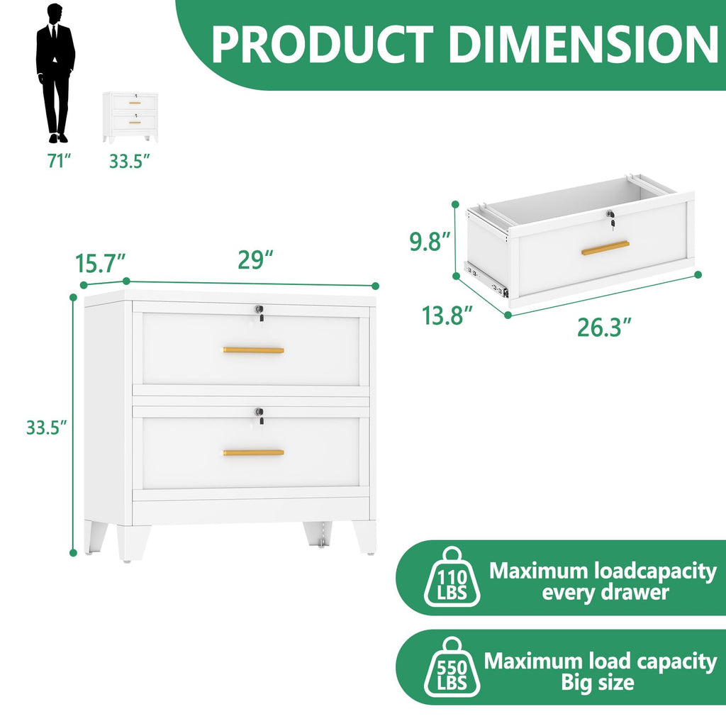 White 2 Drawer Metal Lateral File Cabinet with Lock D4522