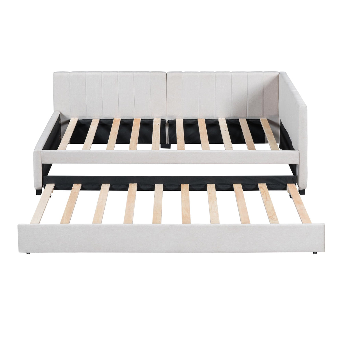 Twin Size Upholstered Daybed with Trundle Linen Fabric Wooden Sofa Bed Frame S81953