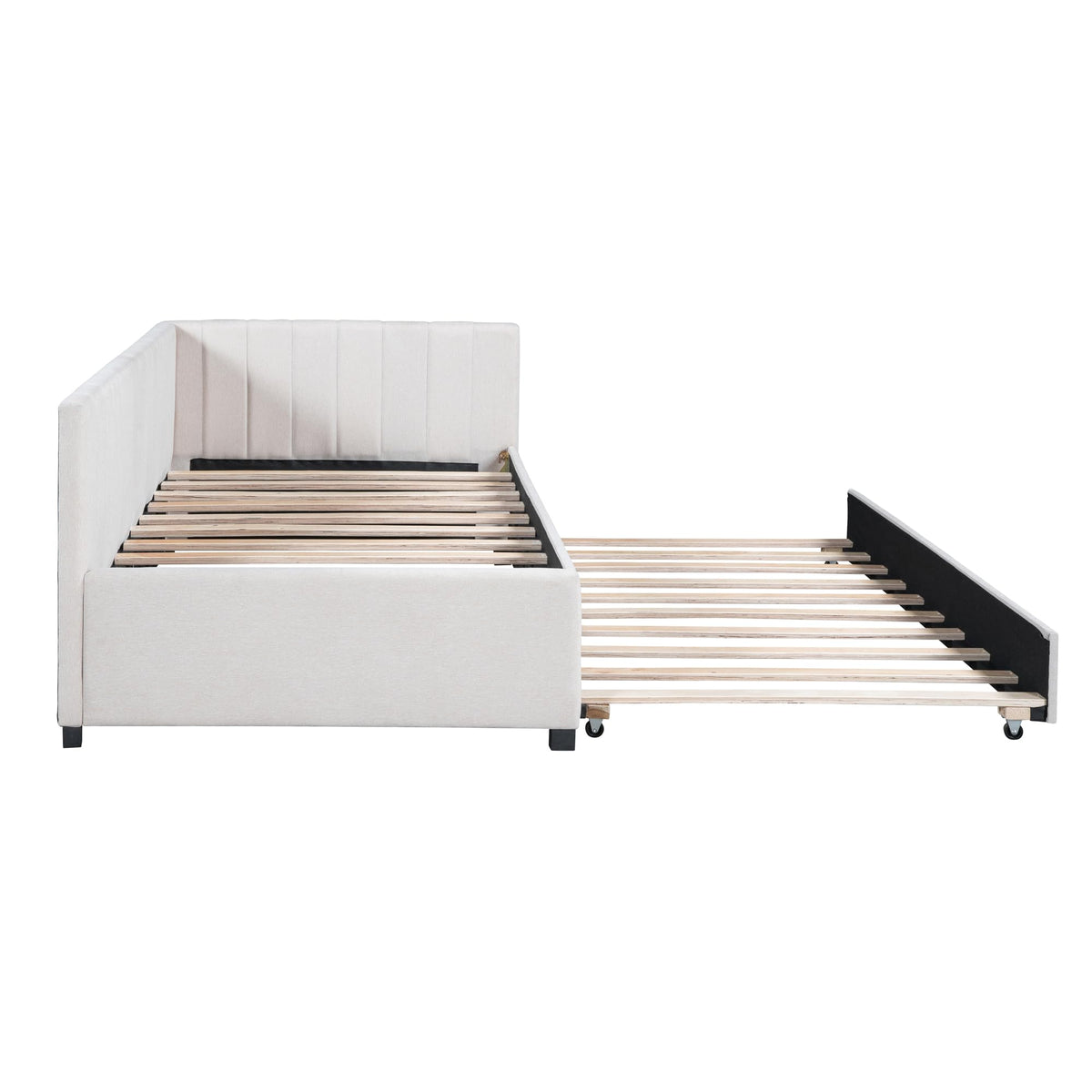 Twin Size Upholstered Daybed with Trundle Linen Fabric Wooden Sofa Bed Frame S81953