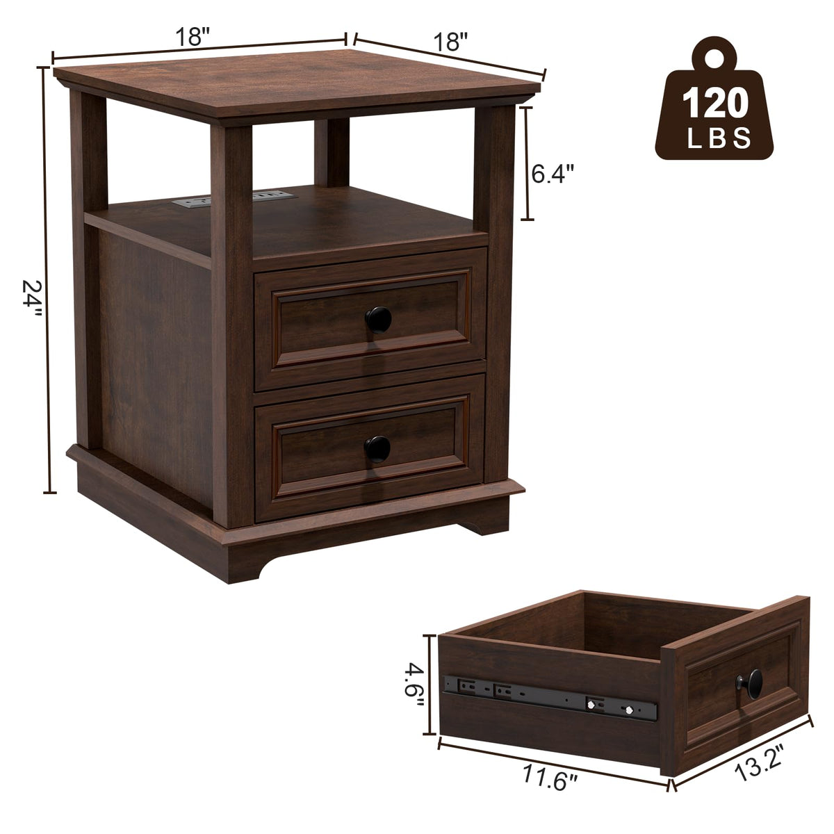 24" Tall End Table with Charging Station & 2 Drawers I584044