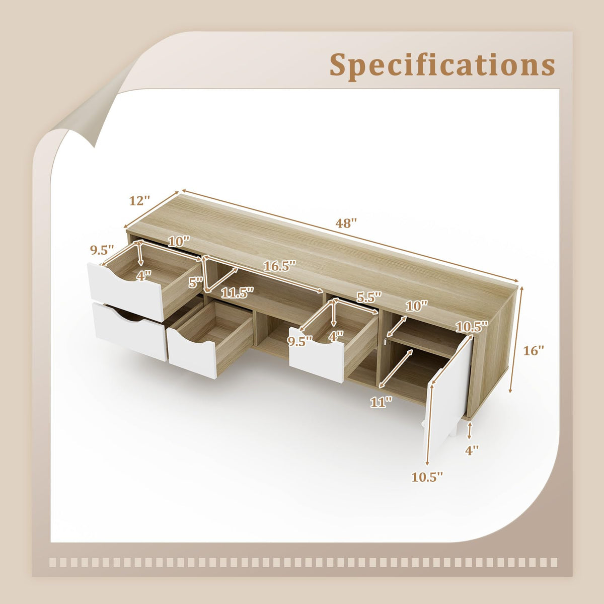 White TV Stand with 4 Drawers and 2 Open Shelves O54176