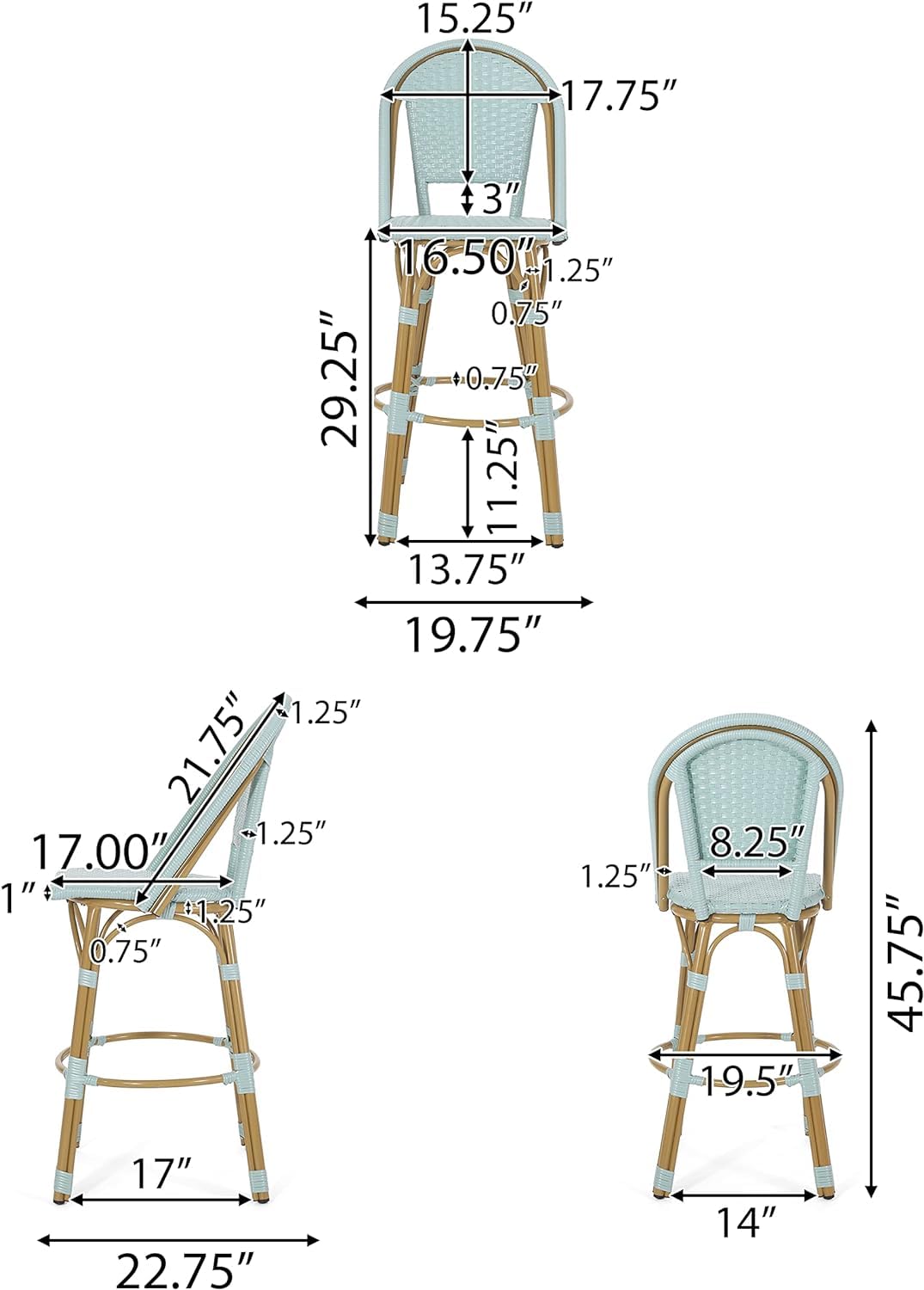 Light Teal PE Rattan Aluminum Bar Stools Set of 2 V76334