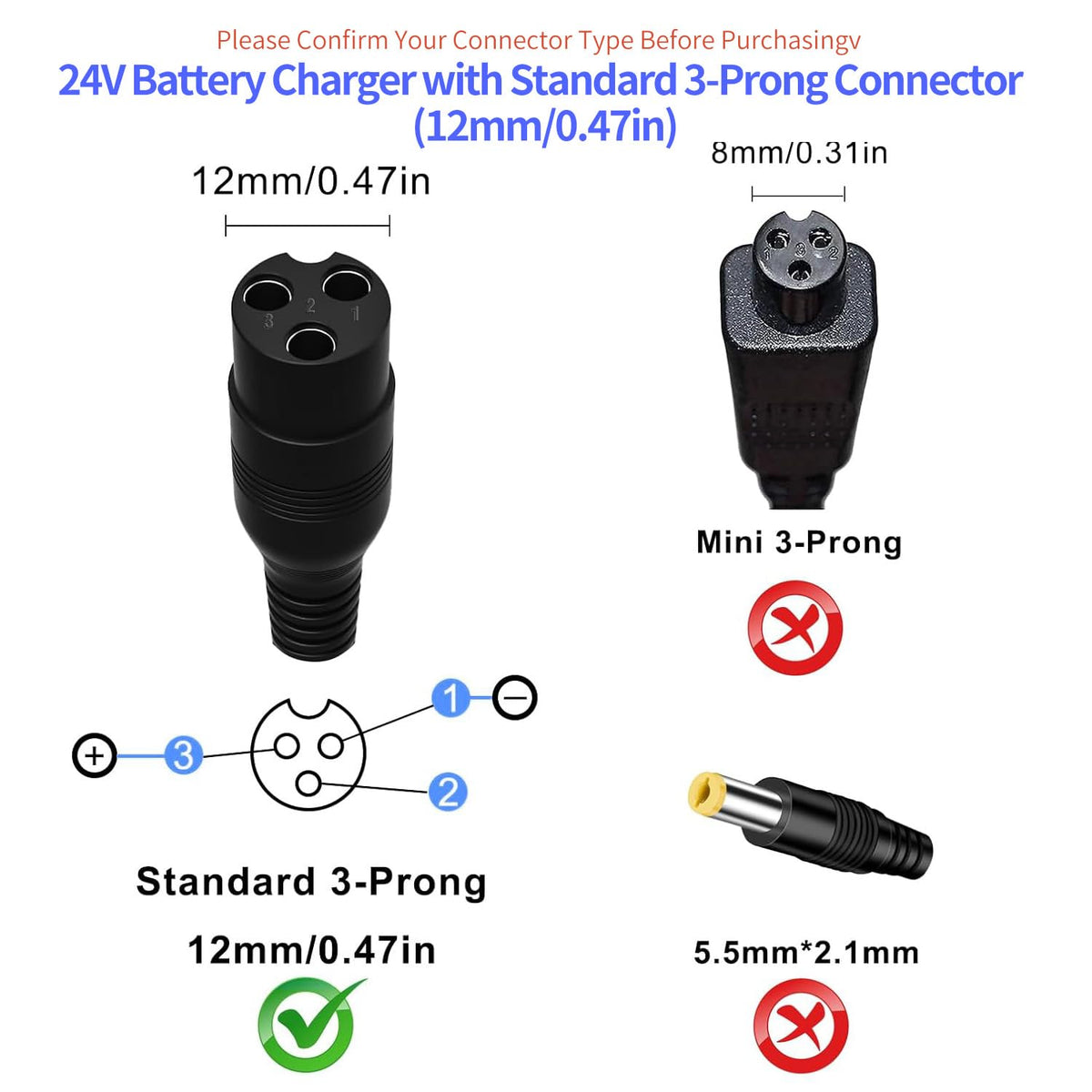 24V Electric Scooter Charger 3-Prong Inline Female Power Cord Z939412