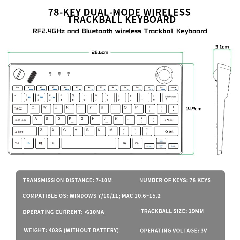 78 Keys Dual Mode Wireless Trackball Keyboard K6445