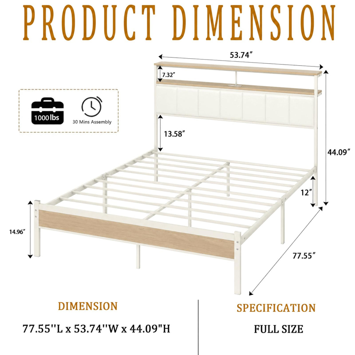 White Full Size Upholstered Platform Bed Frame with LED Lights and Storage Shelf O528200