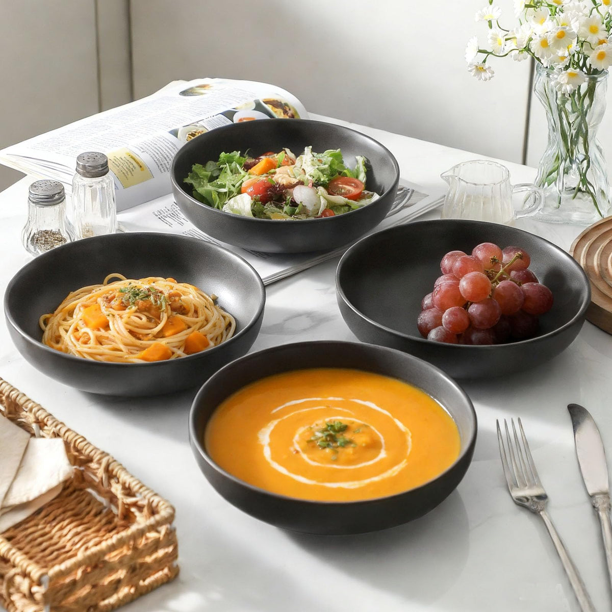 34 oz Stoneware Pasta Bowls Set of 4, Matte Black T423471