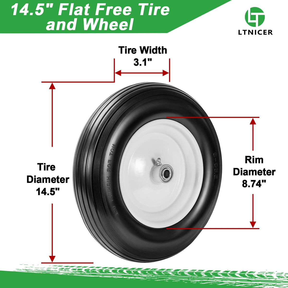 14.5" Flat Free Wheelbarrow Tire with 3/4" & 5/8" Bearing H970828