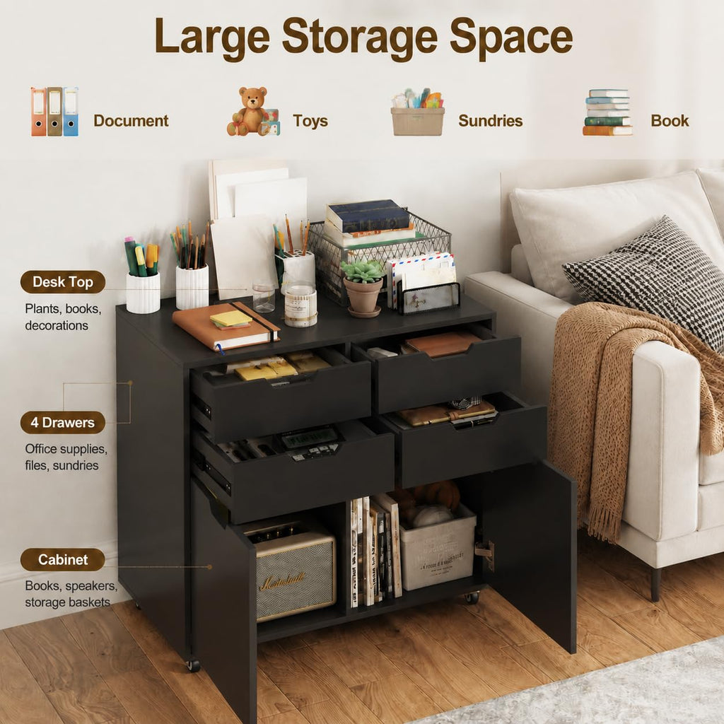 Mobile File Cabinet Rolling Printer Stand Black Q21110