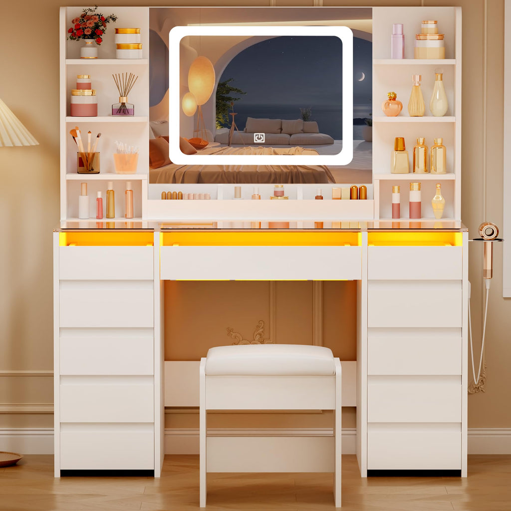 Glass Top Vanity Desk with Mirror and Stool Y27585