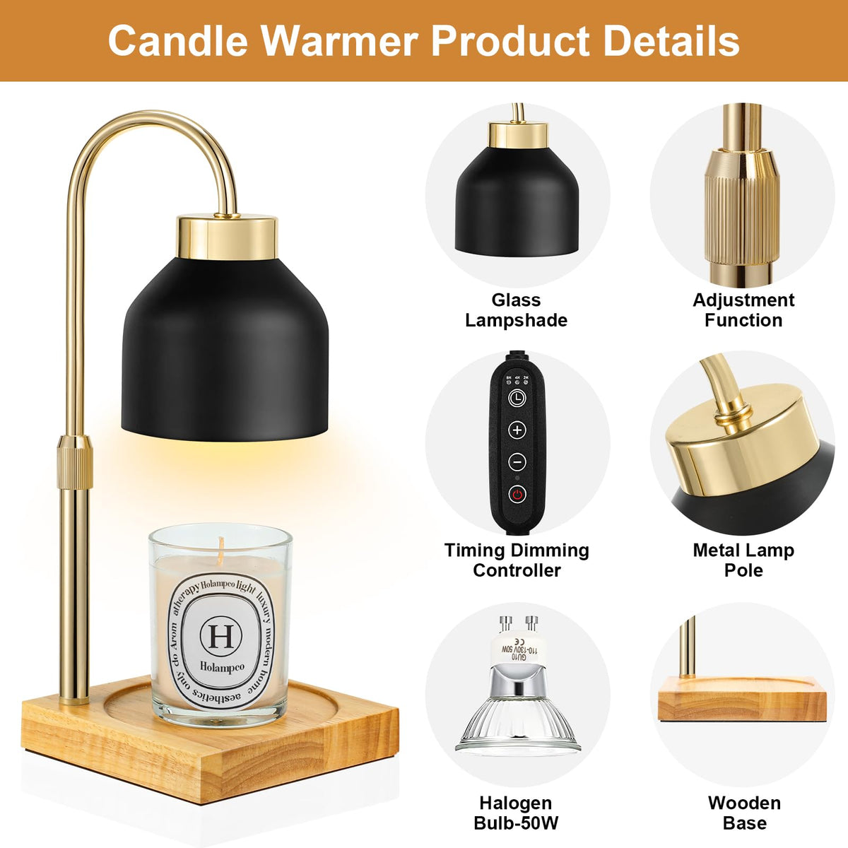 Adjustable Dimmable Electric Candle Warmer Lamp with Timer K9387