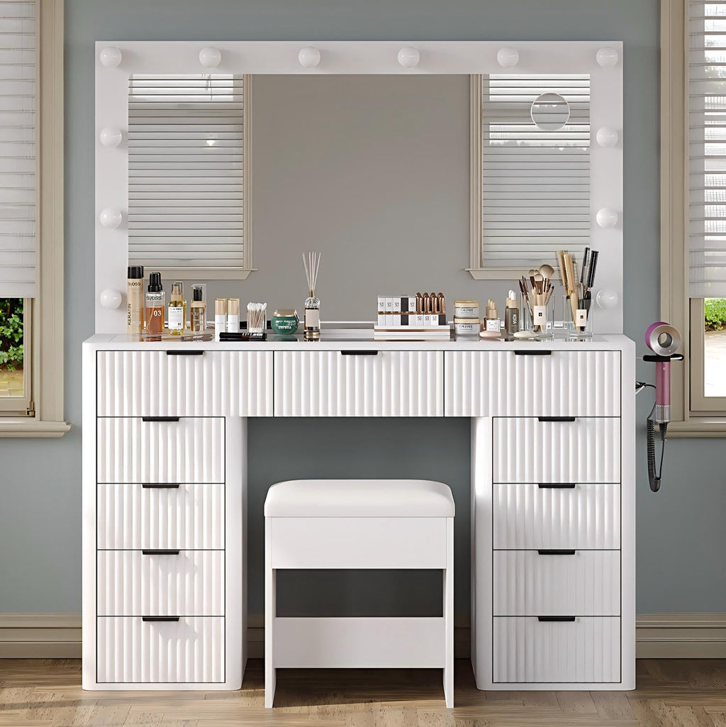 47" White Vanity Desk with 3-Color LED Mirror & 11 Drawers W754
