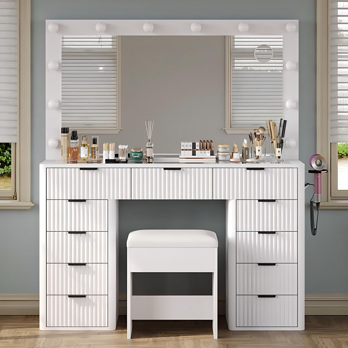 47" White Vanity Desk with 3-Color LED Mirror & 11 Drawers W754