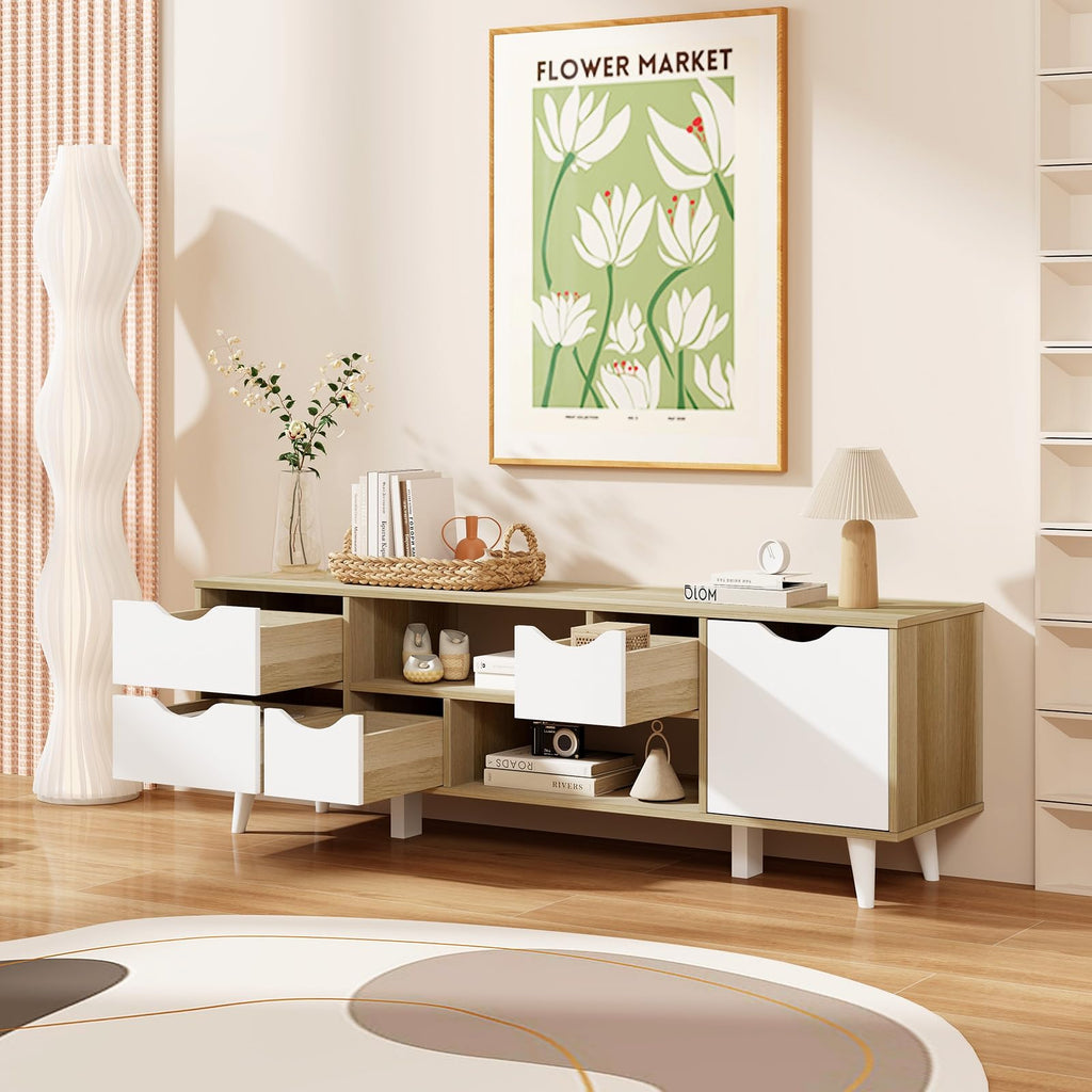 White TV Stand with 4 Drawers and 2 Open Shelves O54176