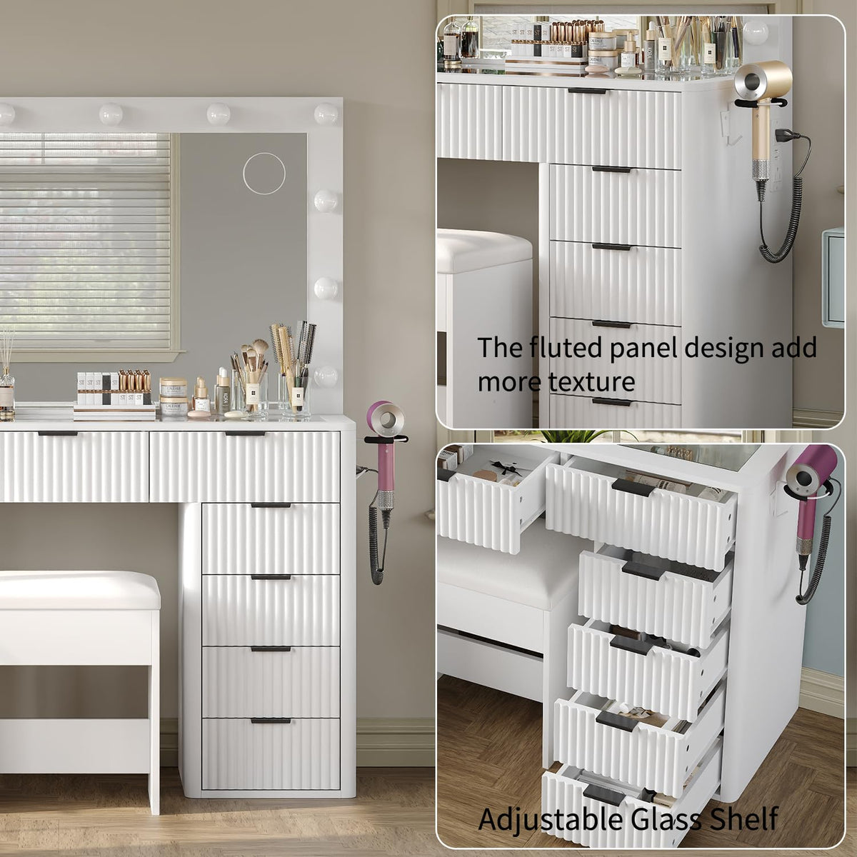47" White Vanity Desk with 3-Color LED Mirror & 11 Drawers W754