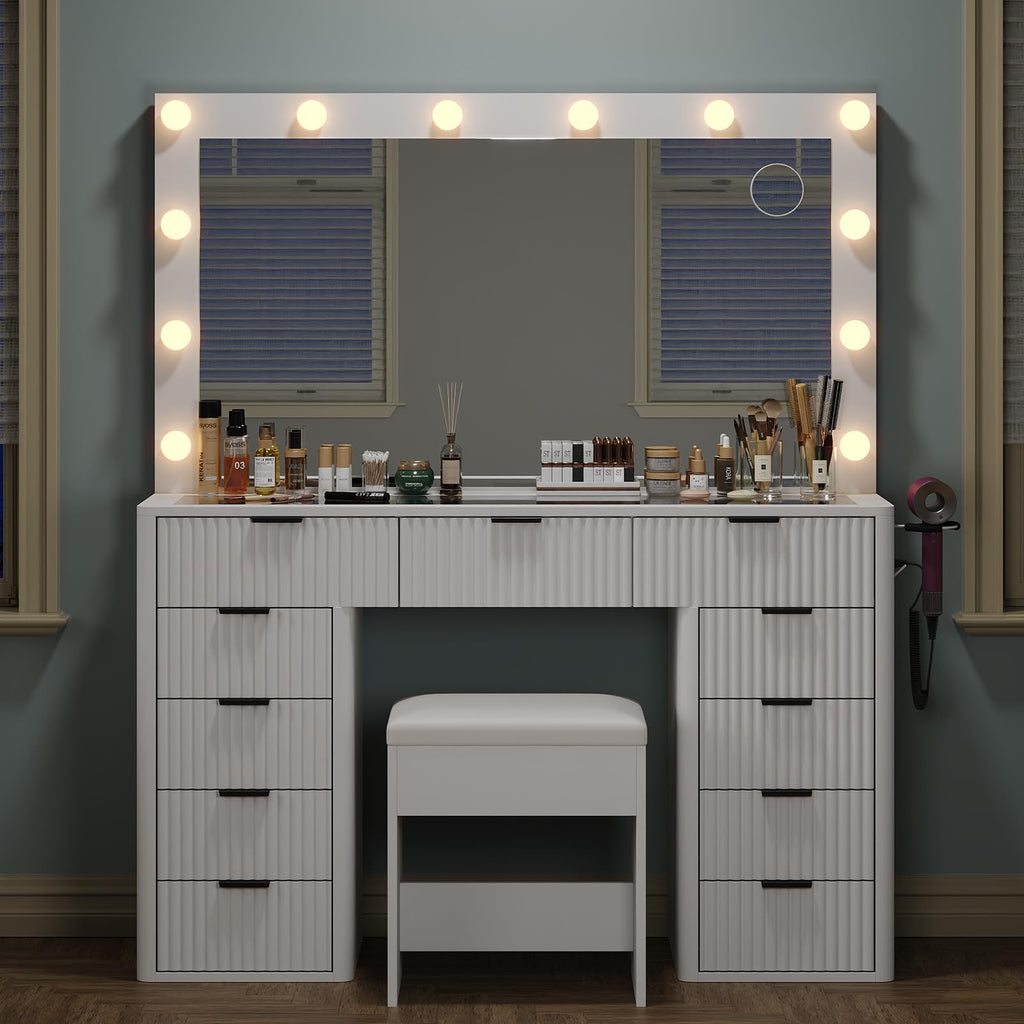 47" White Vanity Desk with 3-Color LED Mirror & 11 Drawers W754