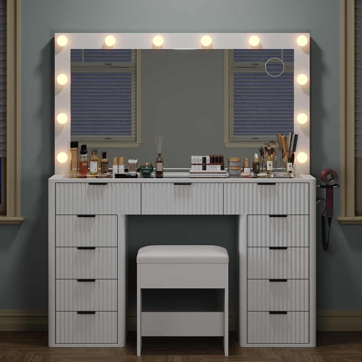47" White Vanity Desk with 3-Color LED Mirror & 11 Drawers W754