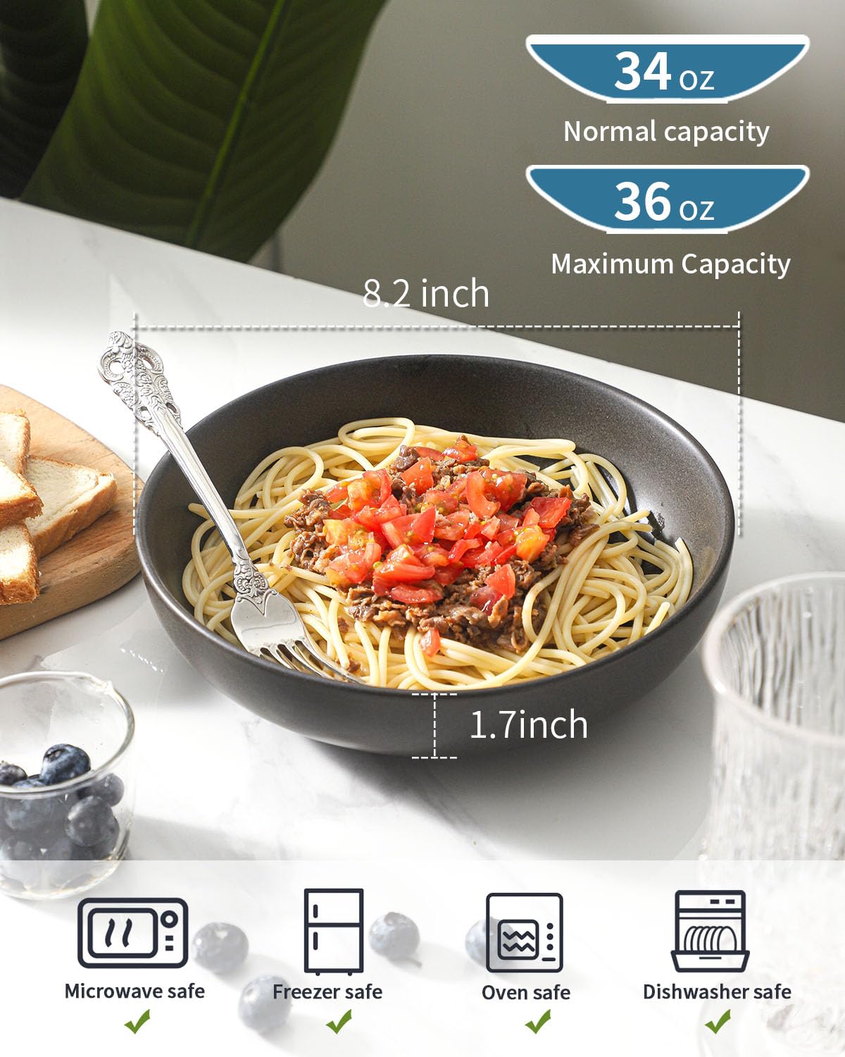 34 oz Stoneware Pasta Bowls Set of 4, Matte Black T423471
