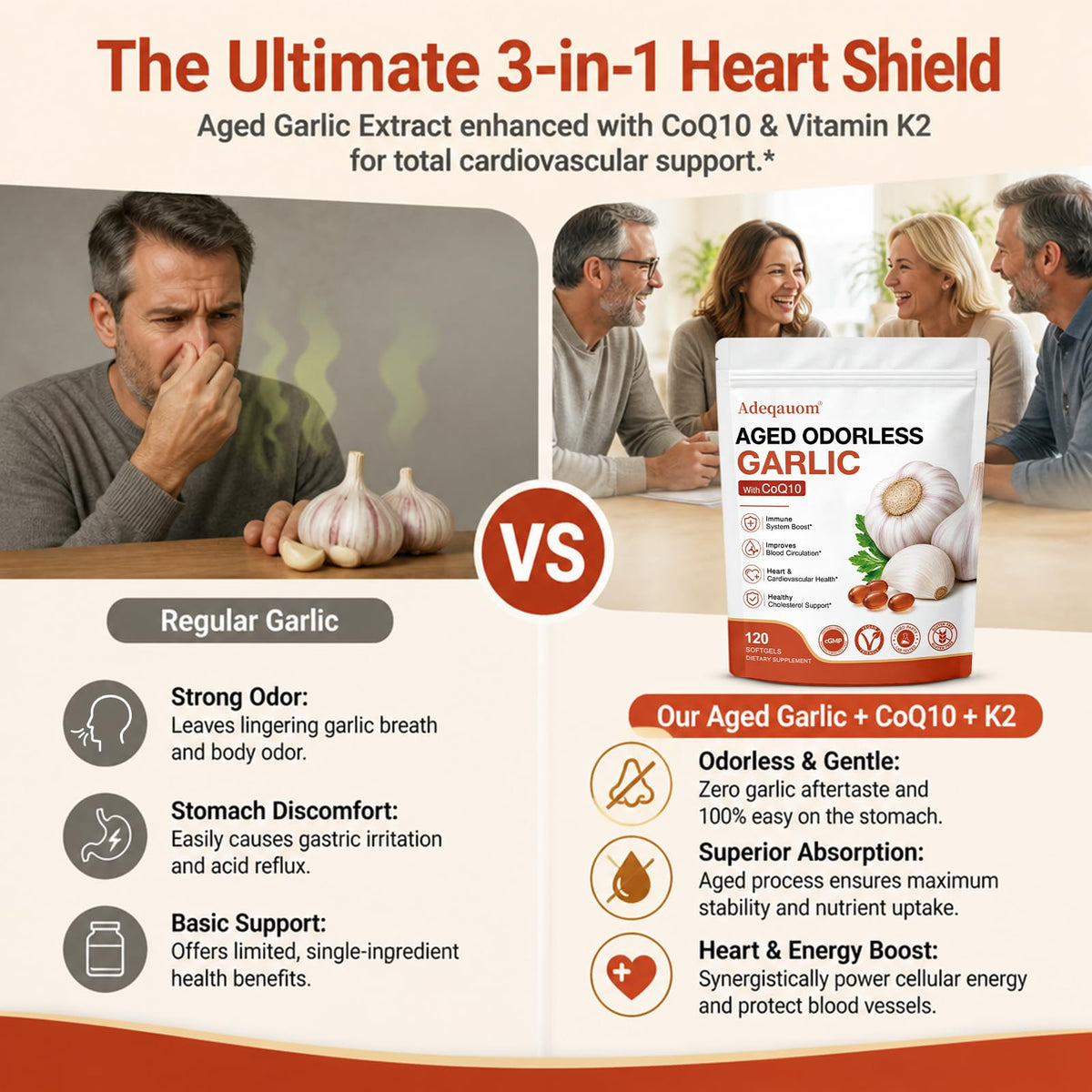 1200 mg Odorless Aged Garlic Extract Softgels with CoQ10 Ubiquinol & Vitamin K2, 120 Softgels Y578