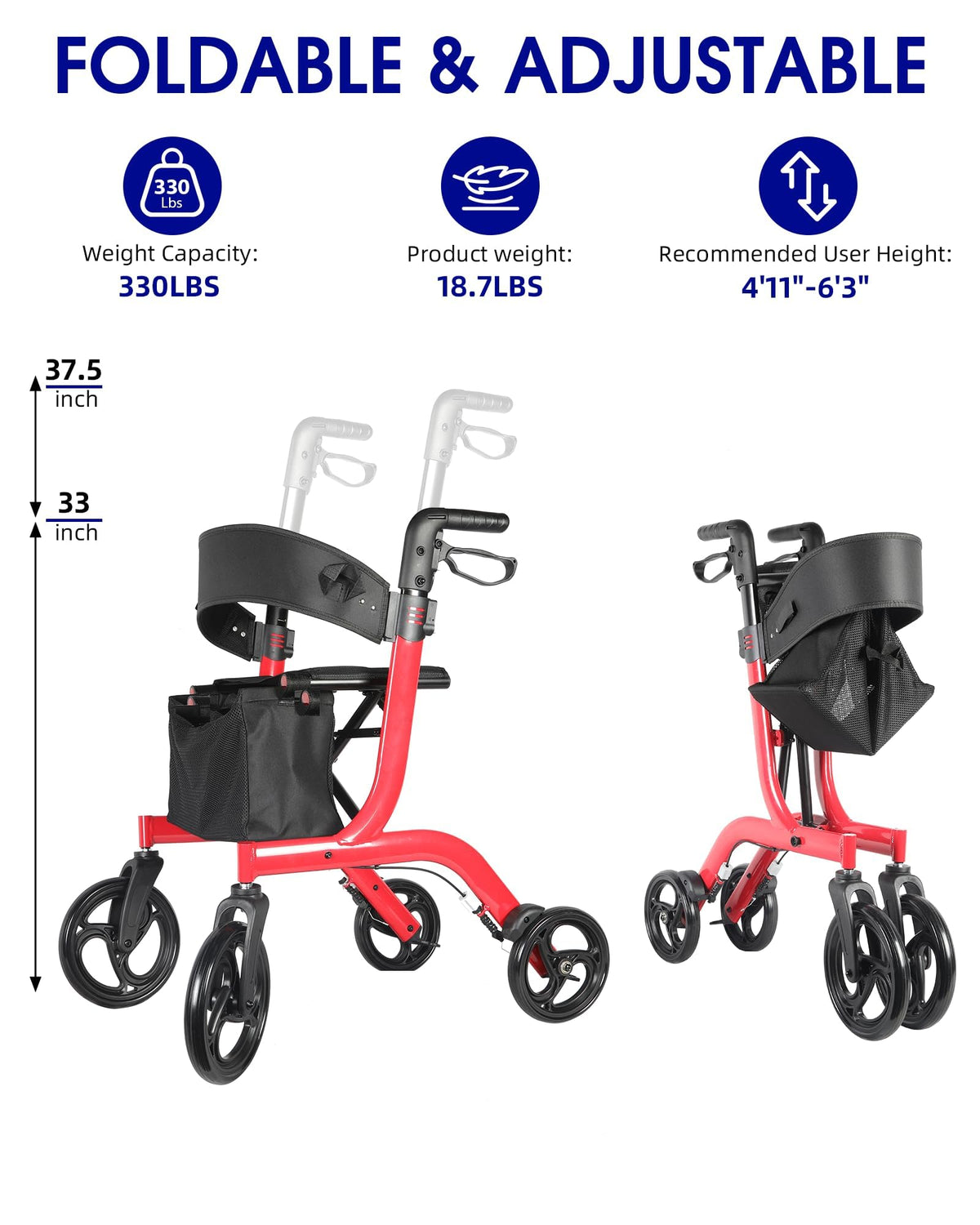 Foldable Rollator Walker with Seat, 19 lbs Lightweight, 10-Inch Wheels S57728