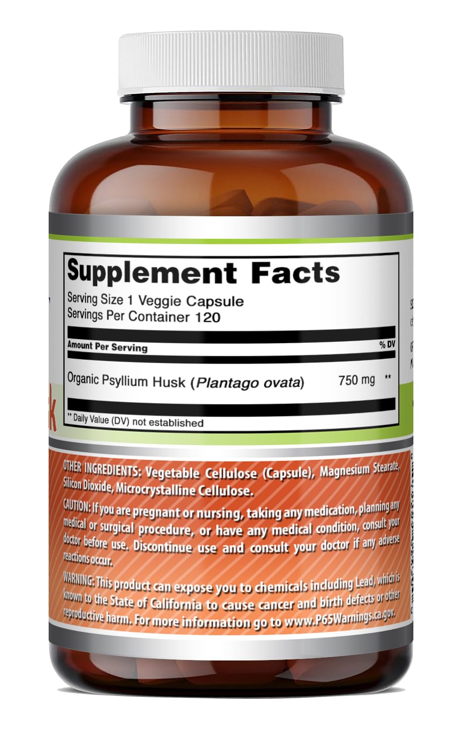 Psyllium Husk 750mg Veggie Capsules Supplement 120 Count O127664