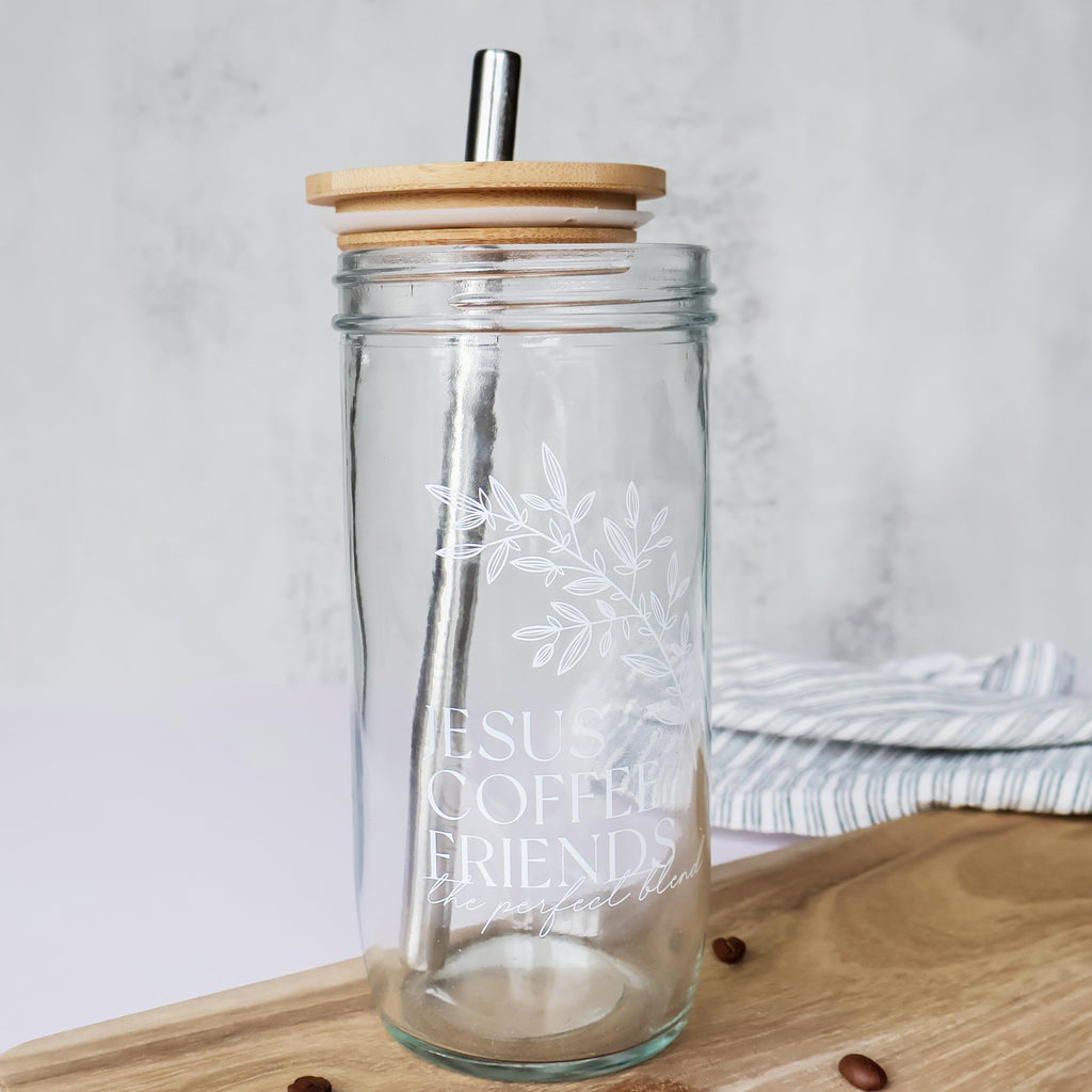 Glass Cup with Acacia Lid and Stainless Steel Straw 22 Ounce E438