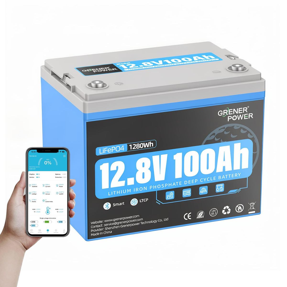 12.8V 100Ah LiFePO4 Battery with 150A BMS O906