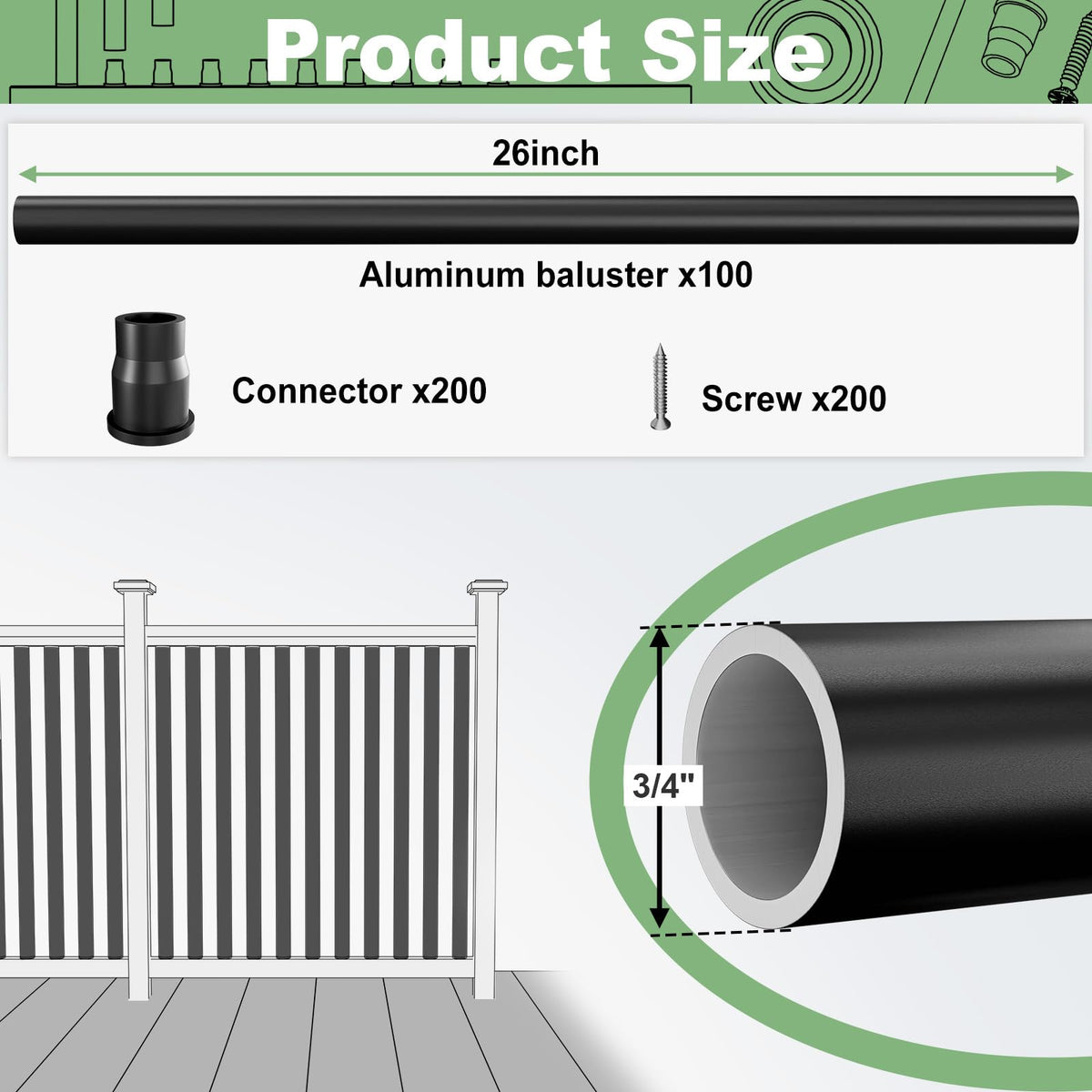 100 Pack 26" Black Aluminum Deck Balusters S6301