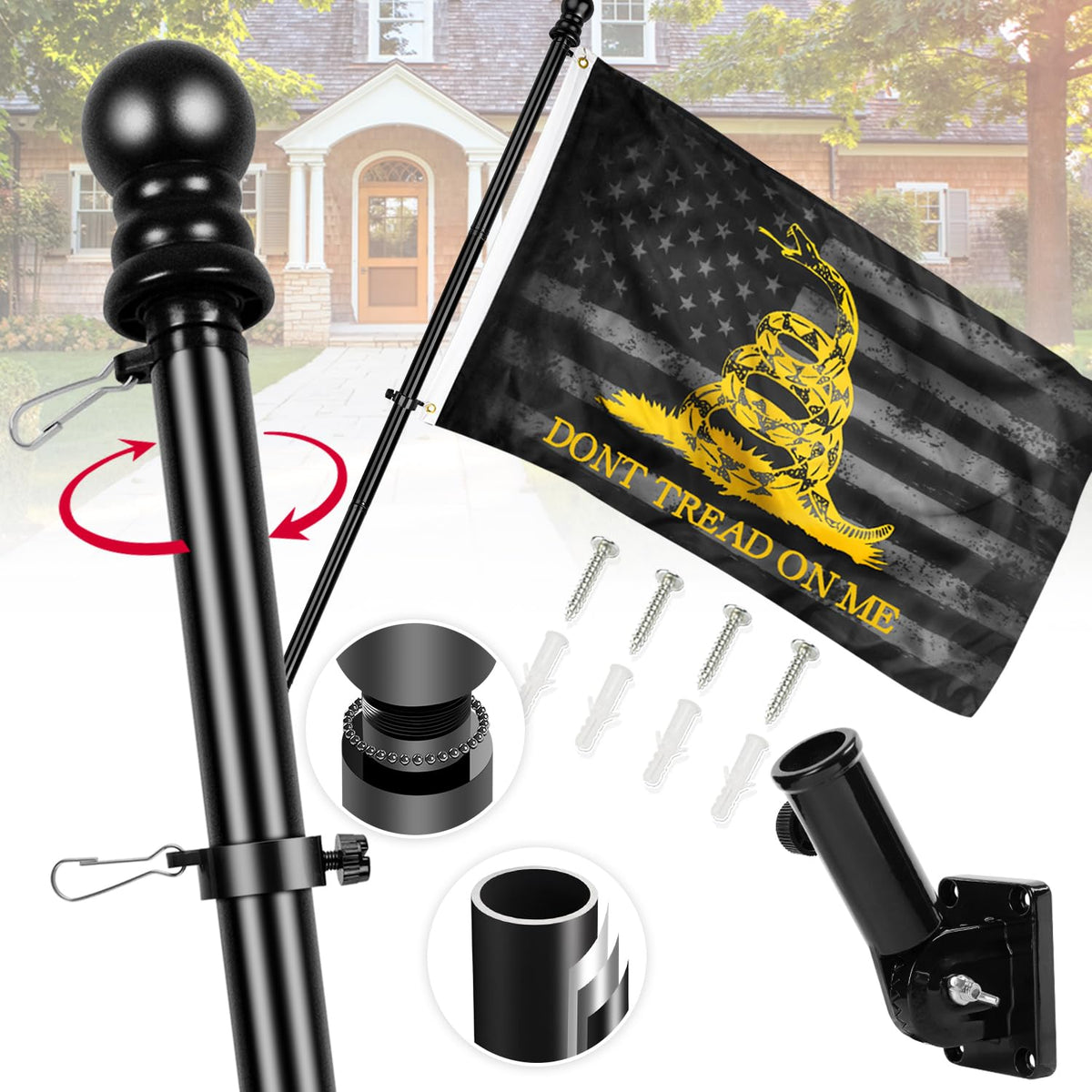 6ft Stainless Steel Spinning Flag Pole with 3x5 ft Double Sided Flag J9496