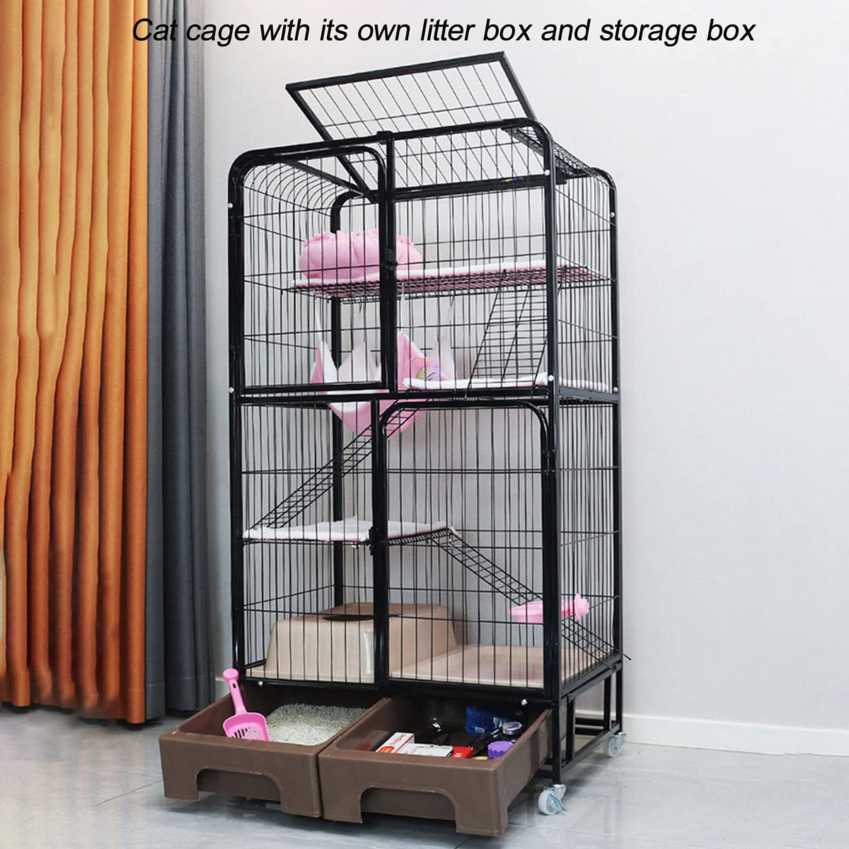 Black Four Layer Metal Cat Cage Dog Crate J89142
