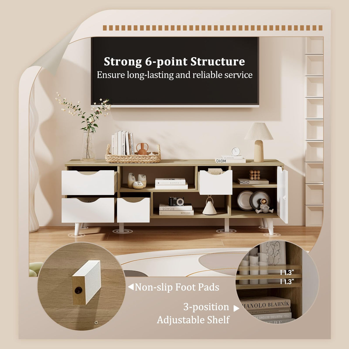 White TV Stand with 4 Drawers and 2 Open Shelves O54176