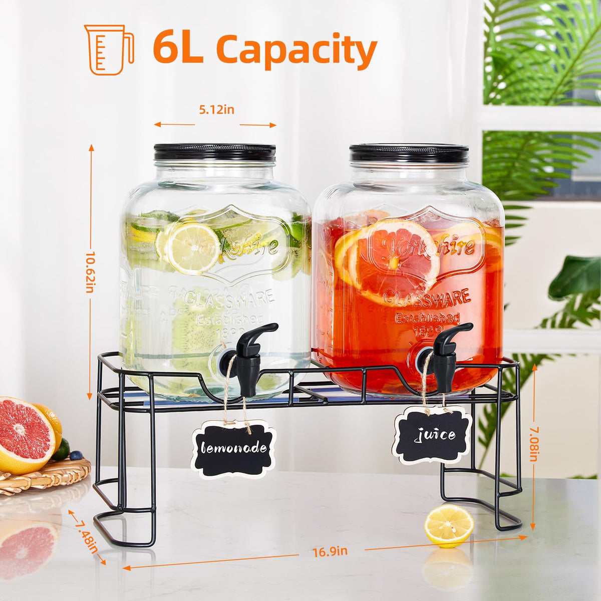 2pcs 1.5 Gallon Glass Drink Dispenser with Metal Stand X61768
