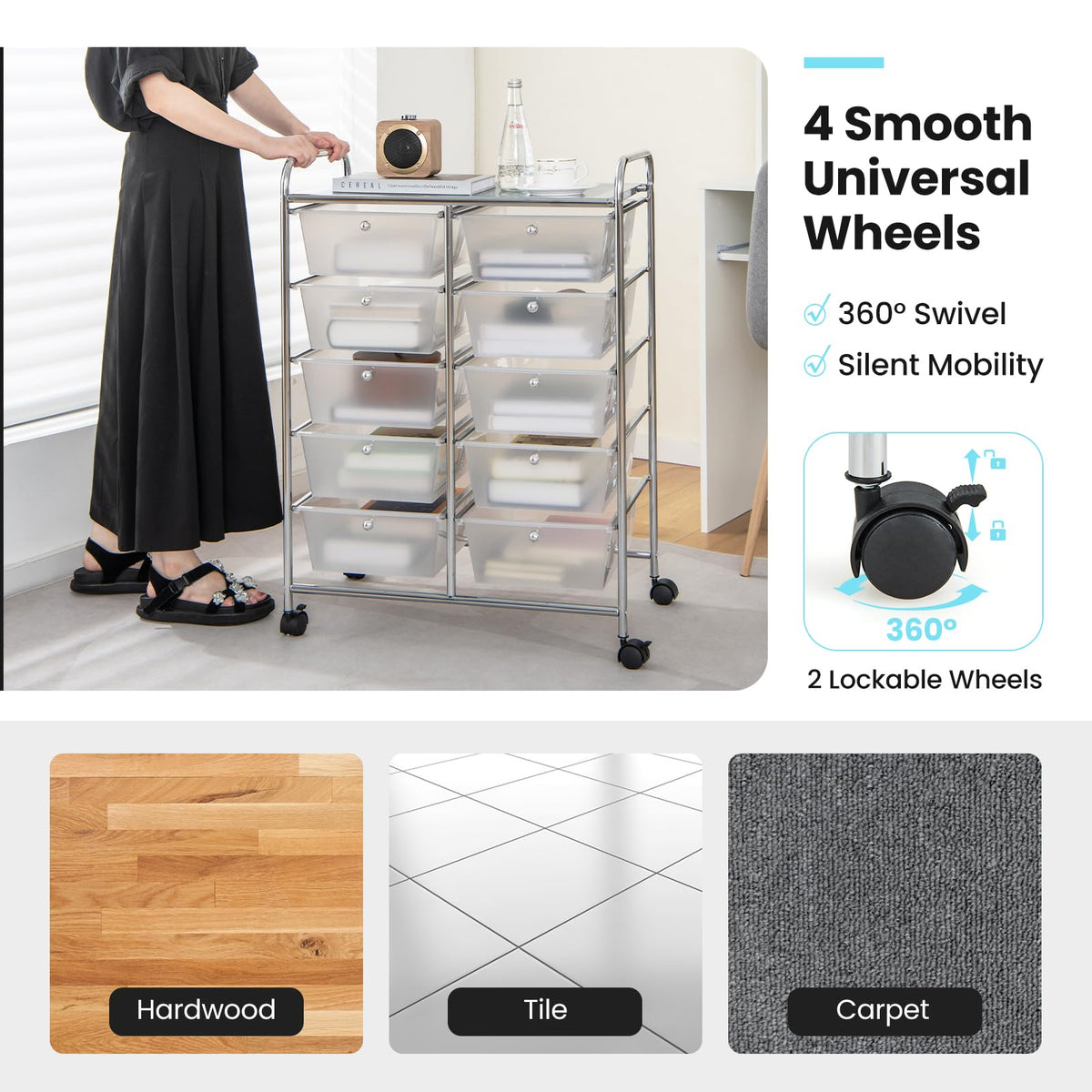 10 Drawer Rolling Storage Cart with Metal Frame Q9158