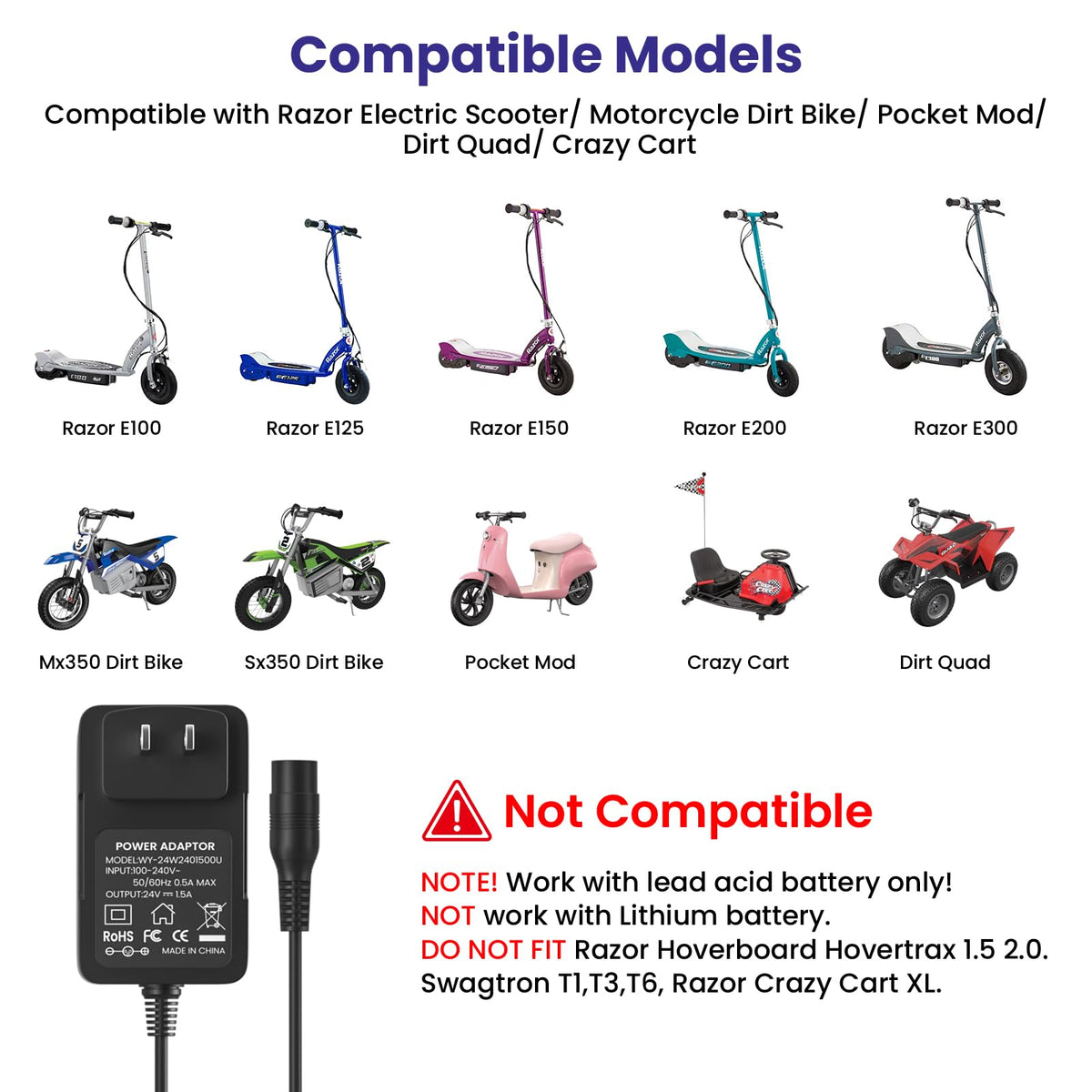 24V Electric Scooter Charger 3-Prong Inline Female Power Cord Z939412