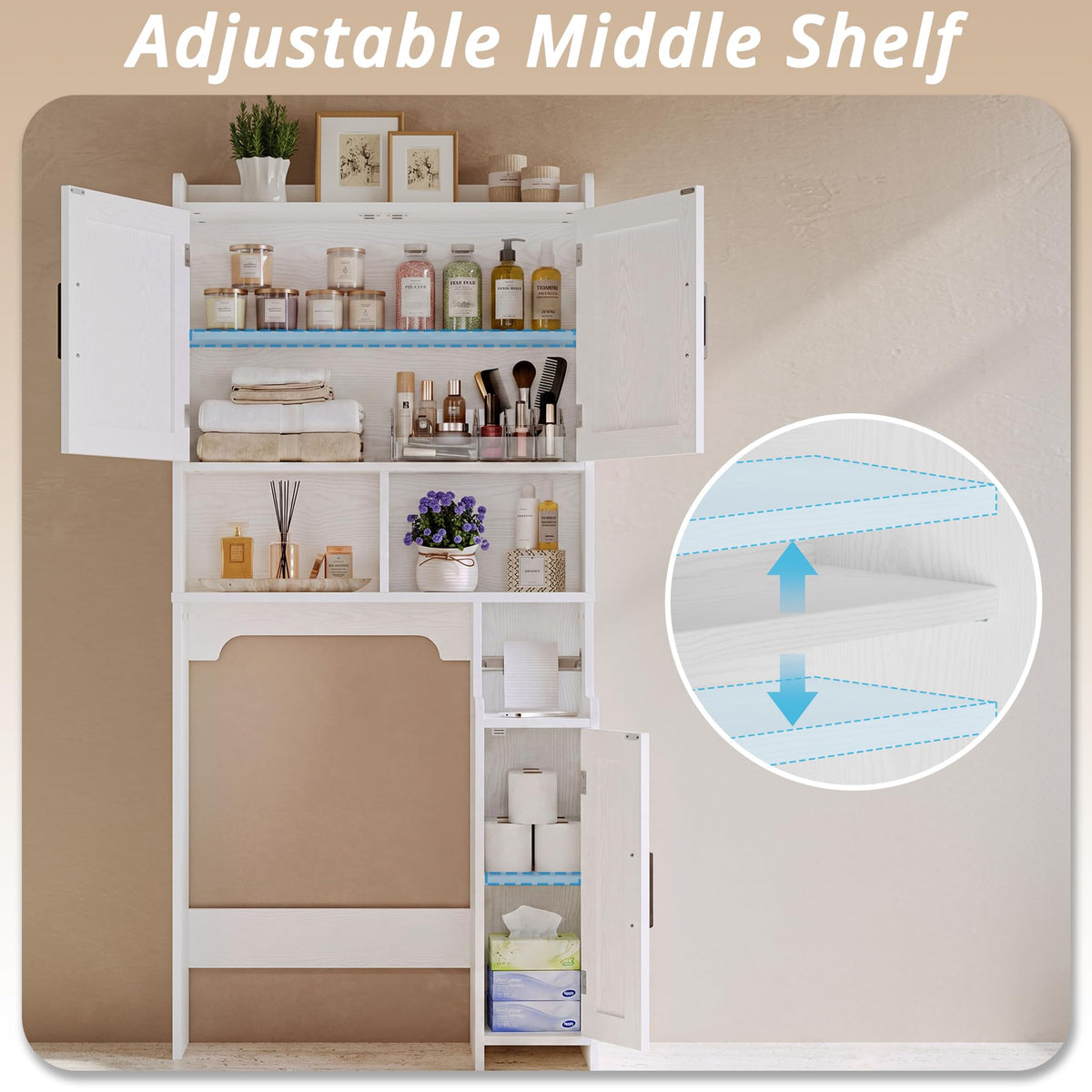 White Over The Toilet Storage Cabinet with Adjustable Shelves U2922