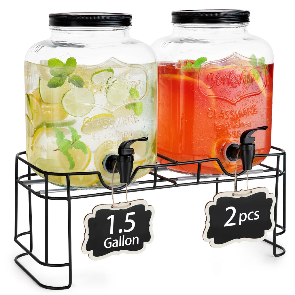 2pcs 1.5 Gallon Glass Drink Dispenser with Metal Stand X61768