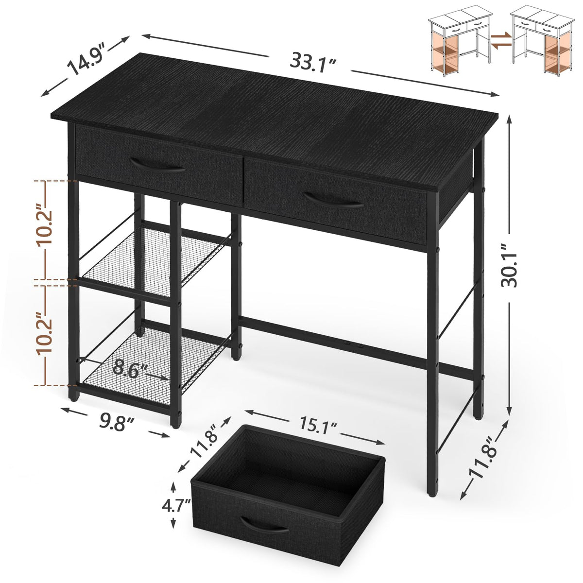 Black Small Writing Desk with 2 Drawers and Storage Shelf J355
