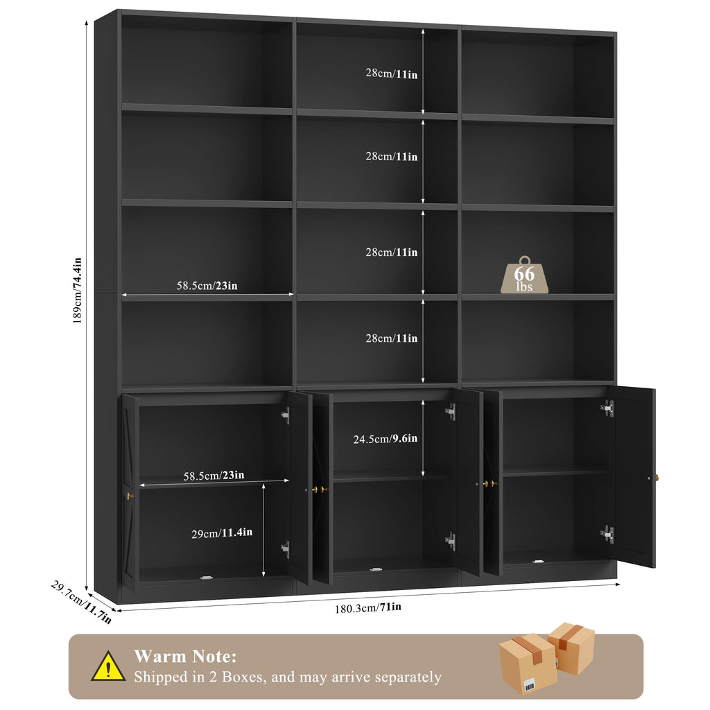 75" Tall Black Bookshelf with 6 Doors D11861