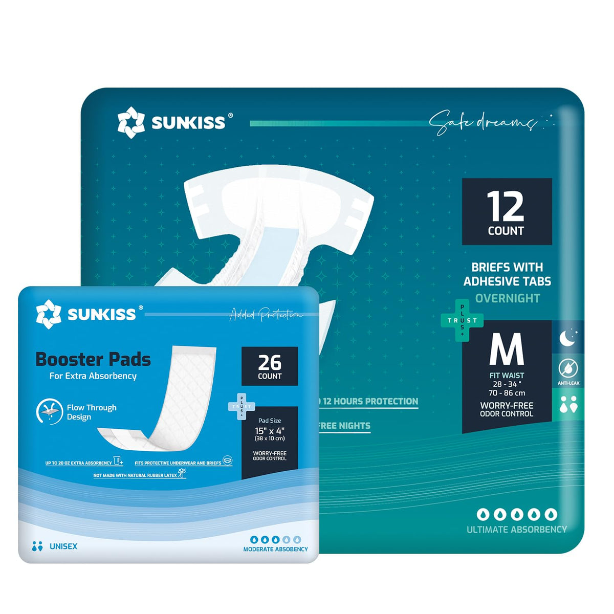 Adult Diapers Medium 12 Count & Booster Pads 26 Count Bundle V560126