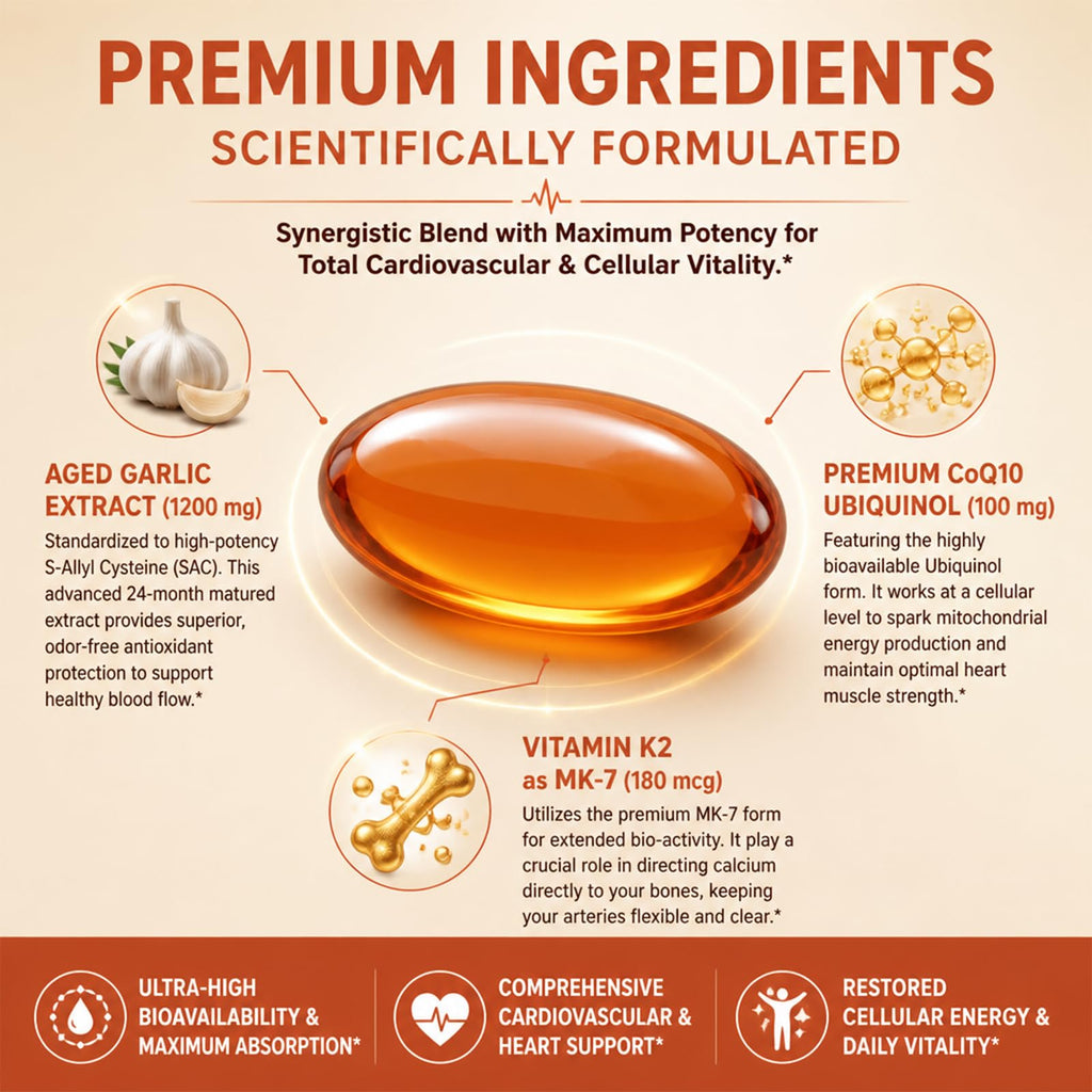 1200 mg Odorless Aged Garlic Extract Softgels with CoQ10 Ubiquinol & Vitamin K2, 120 Softgels Y578