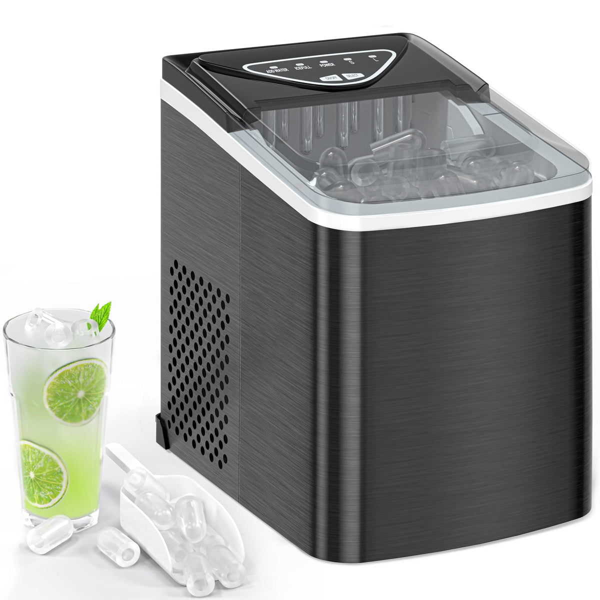 Black Countertop Ice Maker with Scoop and Basket P881