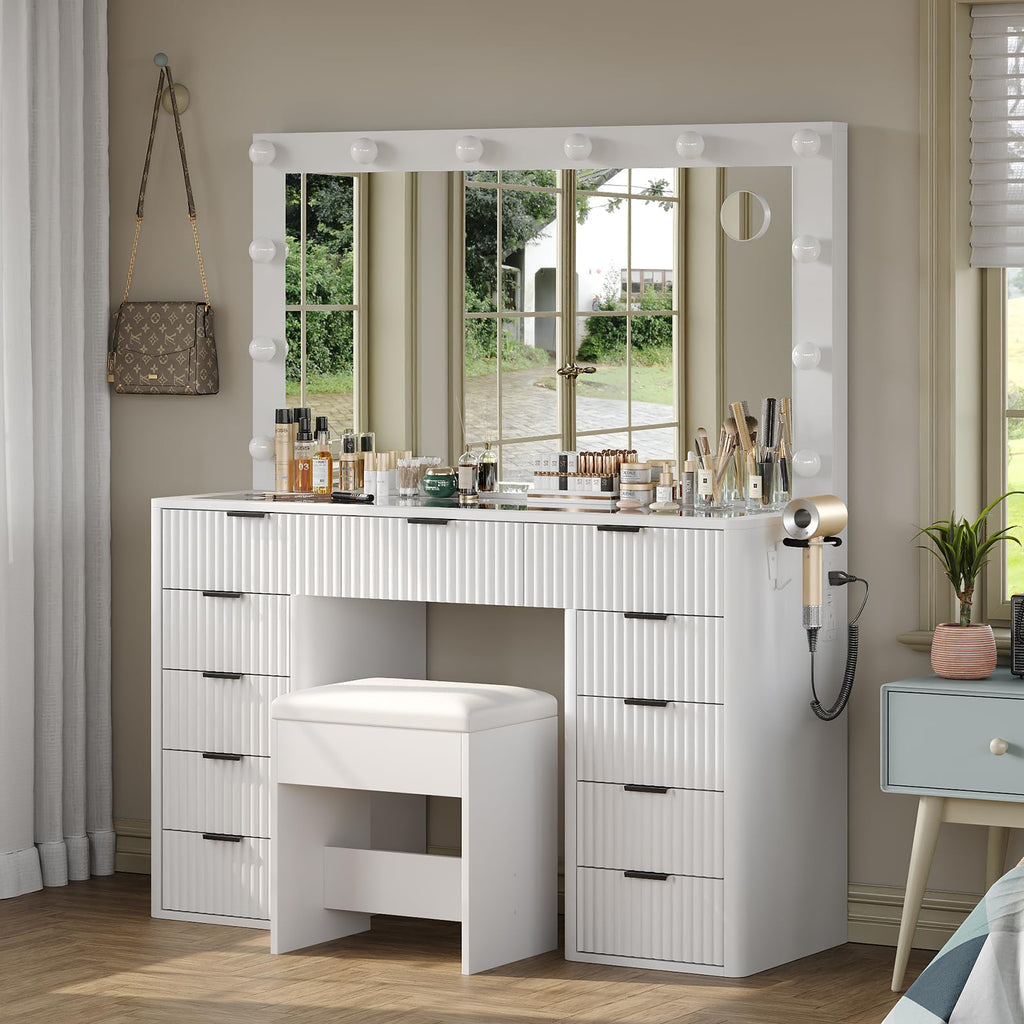 47" White Vanity Desk with 3-Color LED Mirror & 11 Drawers W754