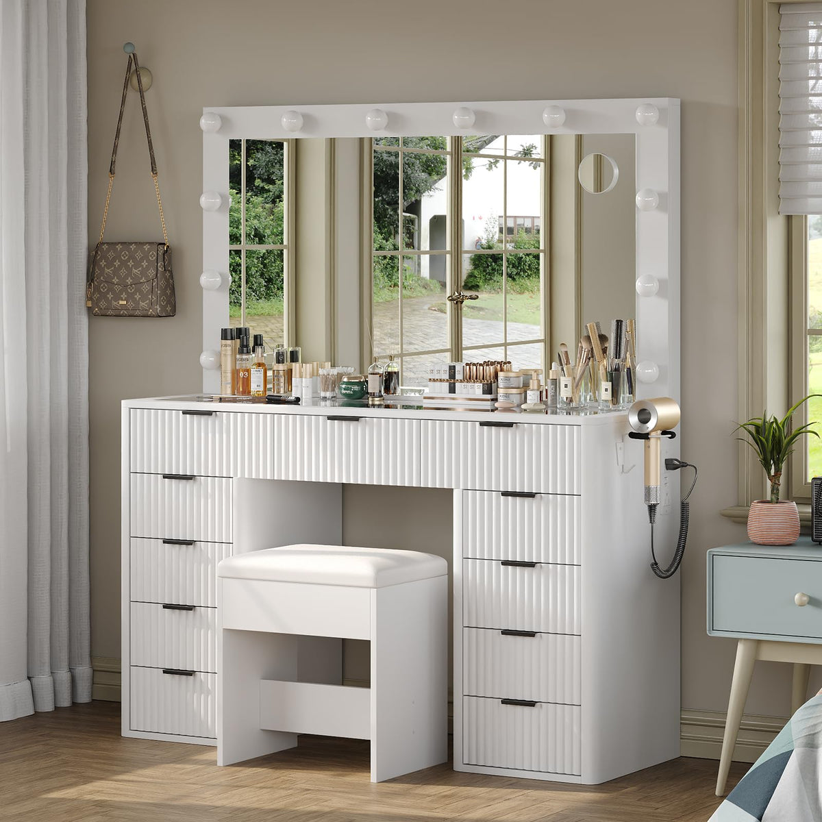 47" White Vanity Desk with 3-Color LED Mirror & 11 Drawers W754