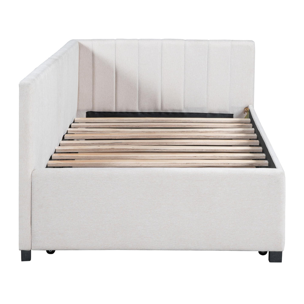 Twin Size Upholstered Daybed with Trundle Linen Fabric Wooden Sofa Bed Frame S81953