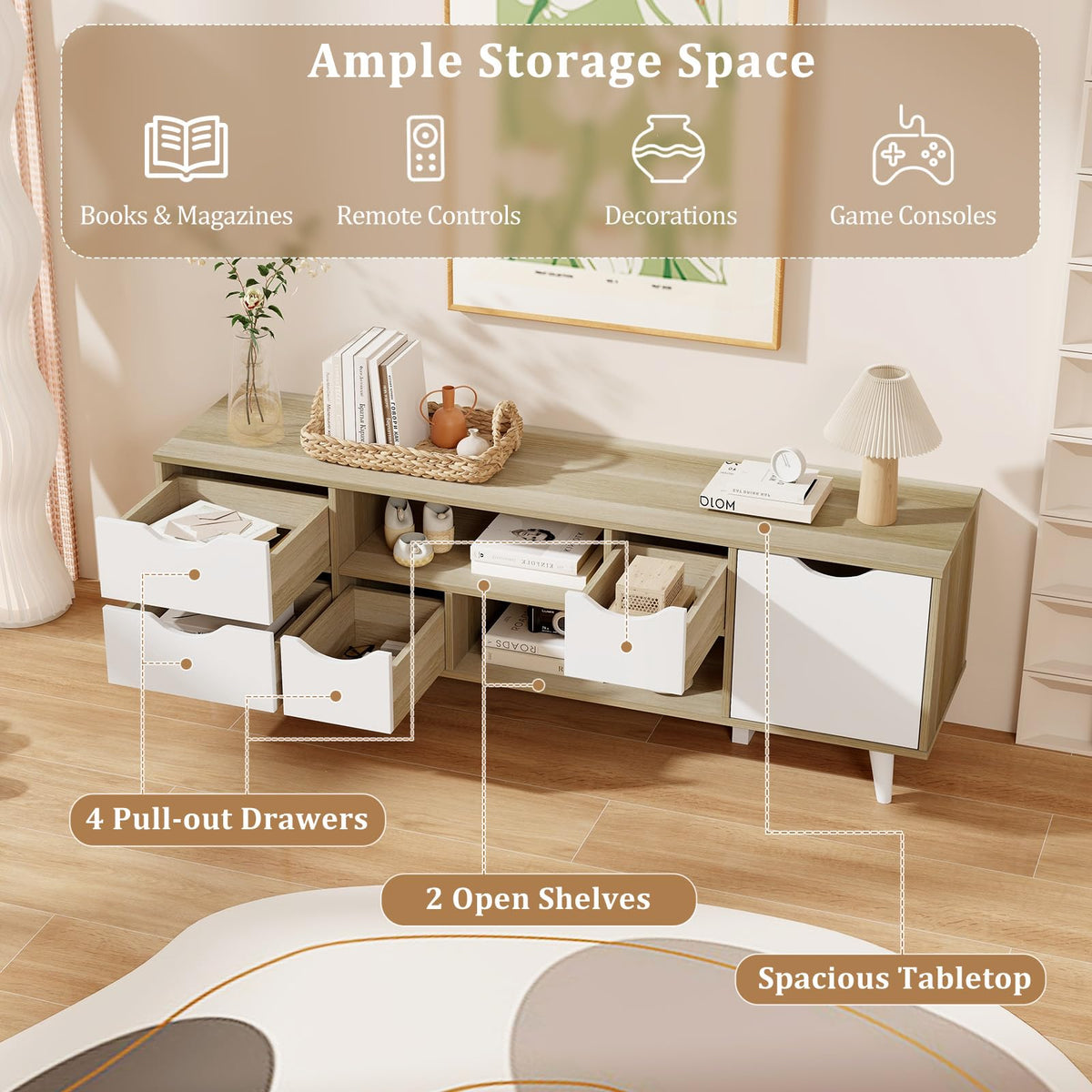 White TV Stand with 4 Drawers and 2 Open Shelves O54176