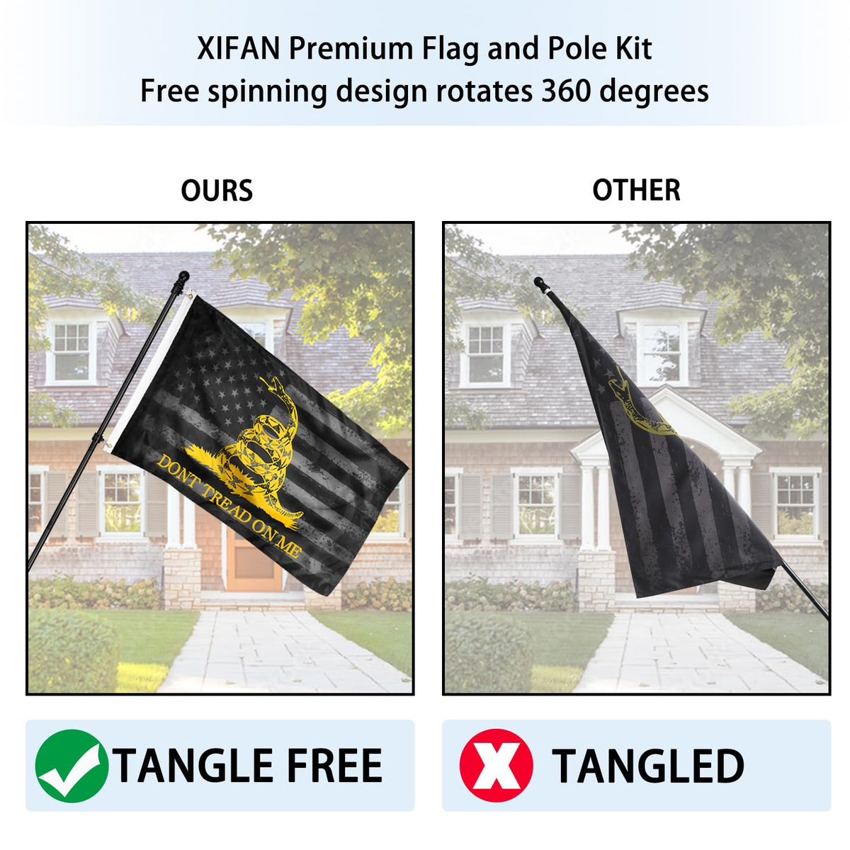 6ft Stainless Steel Spinning Flag Pole with 3x5 ft Double Sided Flag J9496
