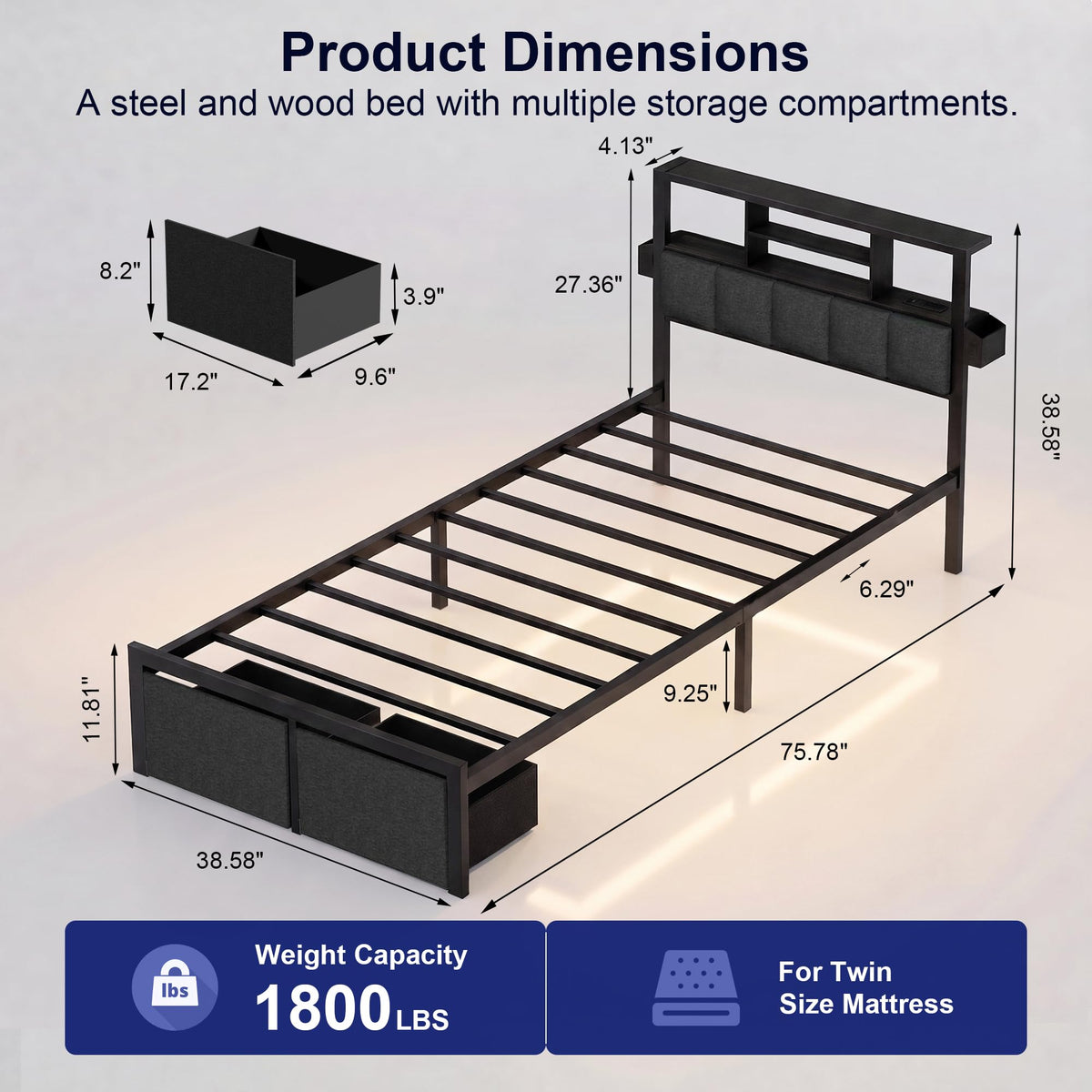 Twin Bed Frame with LED Lights, Storage Drawers and Charging Station S824039