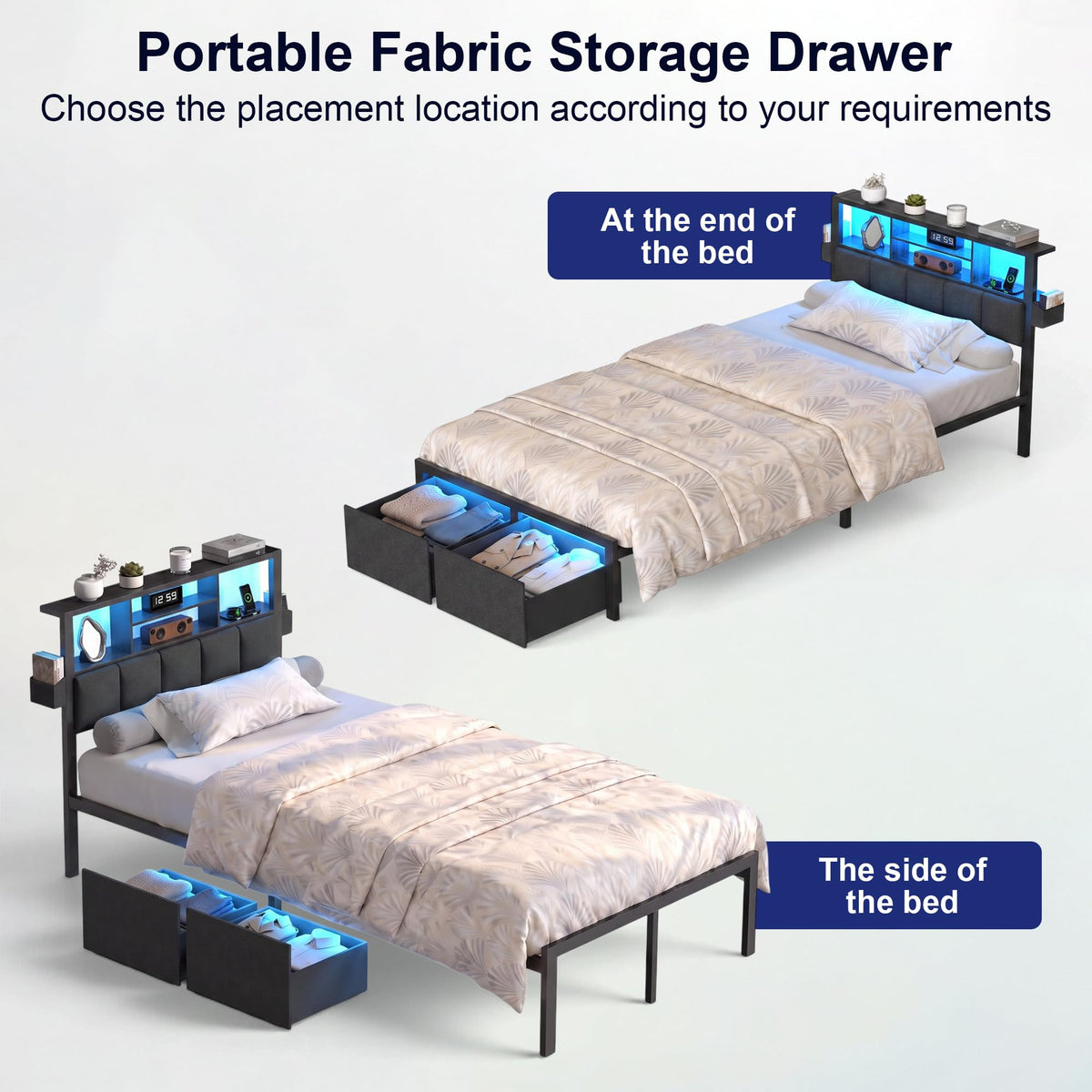 Twin Bed Frame with LED Lights, Storage Drawers and Charging Station S824039