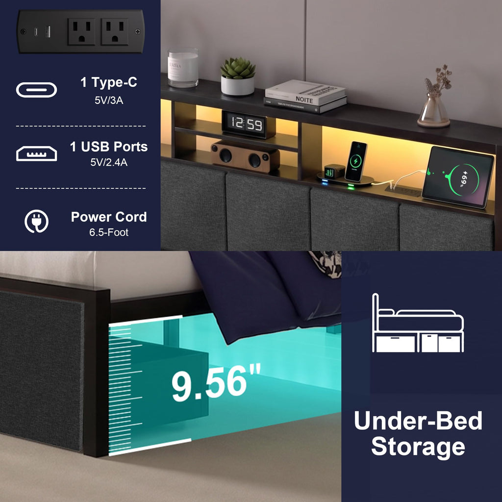 Twin Bed Frame with LED Lights, Storage Drawers and Charging Station S824039